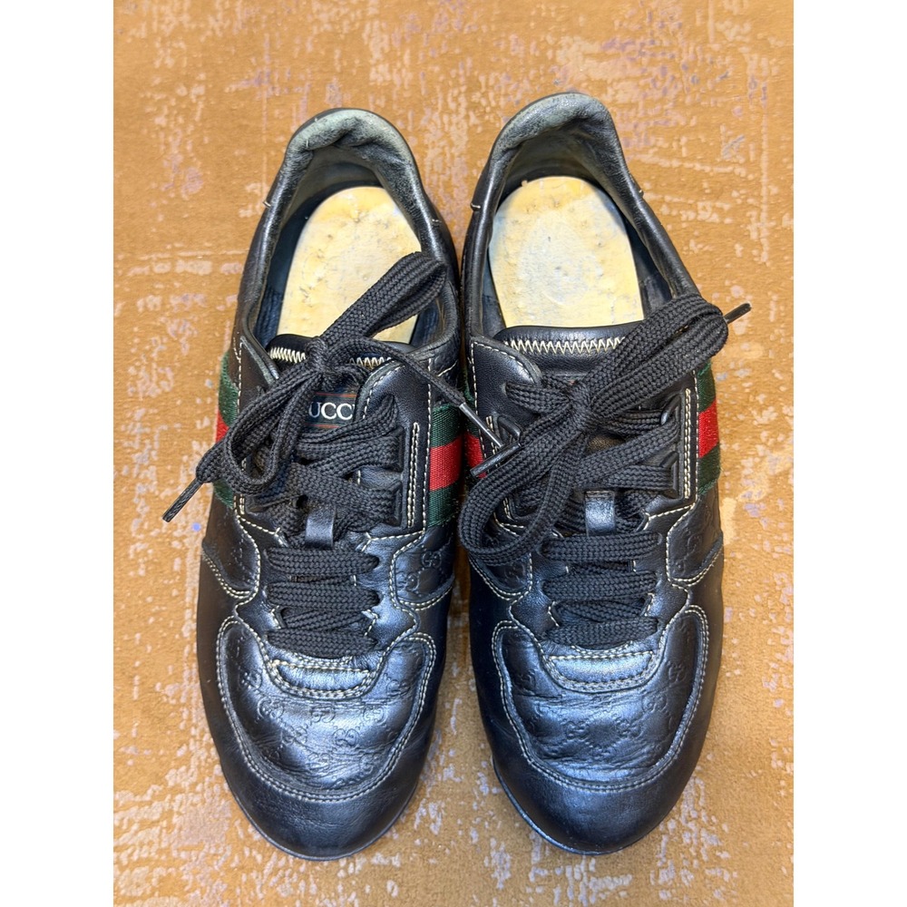 Gucci Guccissima Black Leather Web Stripe Sneakers 234359 36 G Made in Italy